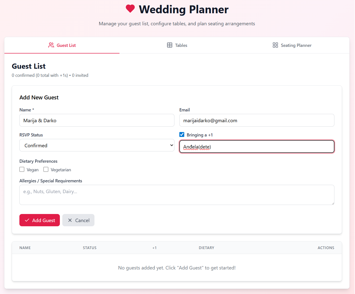 Seating Planner Interface